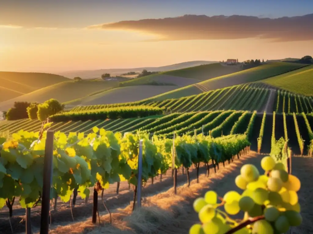 Impacto tecnológico en viticultura emergente - Imagen de un viñedo pintoresco al atardecer, detallado y deslumbrante