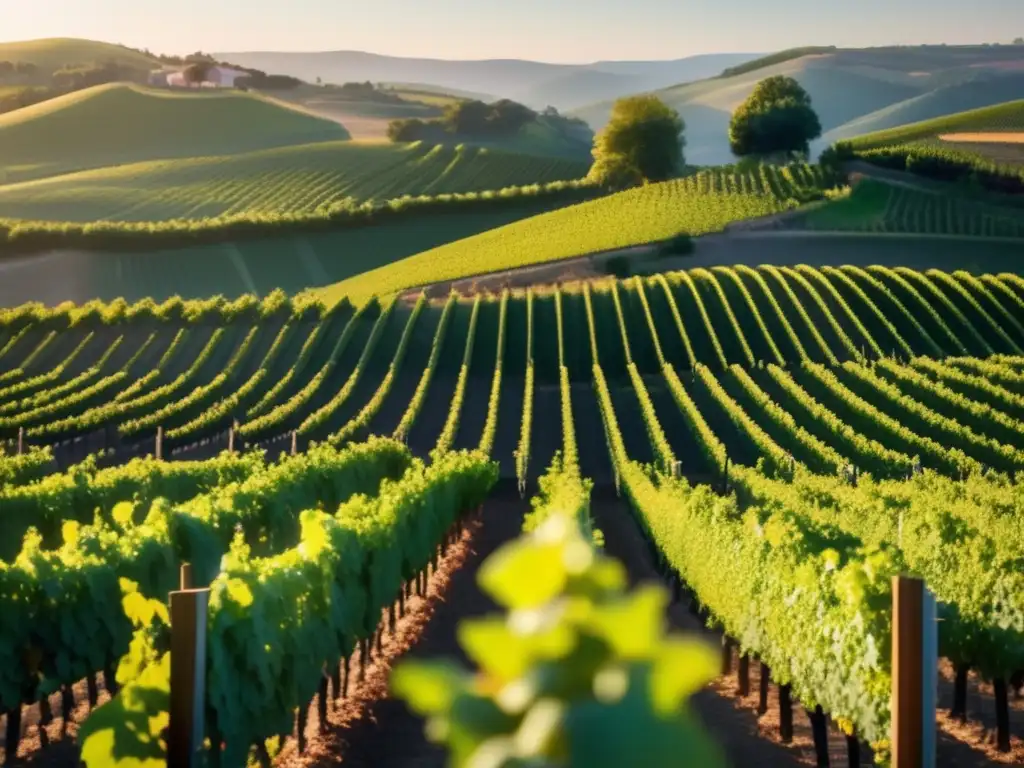 Impacto tecnológico en viticultura emergente: viñedo detallado de 8k al amanecer, rodeado de colinas verdes y viñedos perfectamente alineados