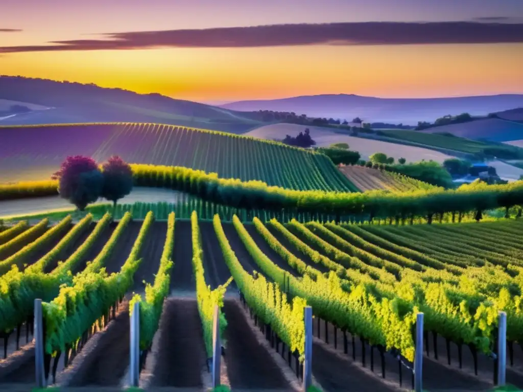 Impacto tecnológico en viticultura emergente: viñedo vibrante al atardecer, con filas de viñedos y paisaje natural