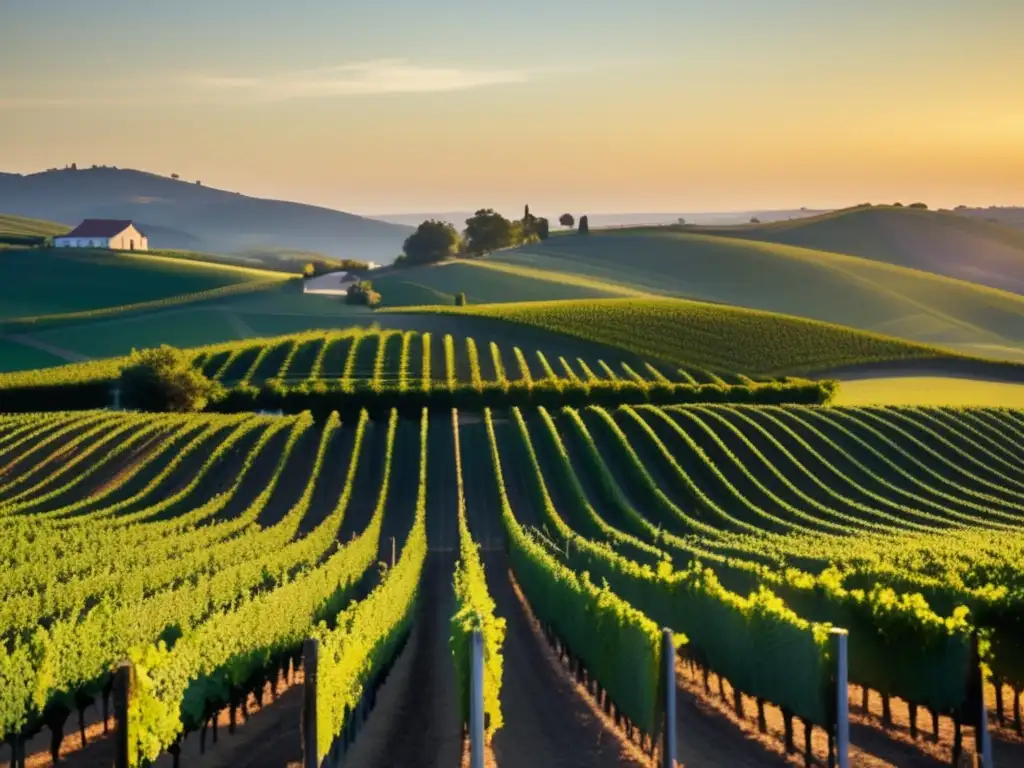 Impacto TMEC en mercado vino México: atardecer en viñedo, rayos dorados del sol iluminan vides, sombras largas en paisaje cuidado