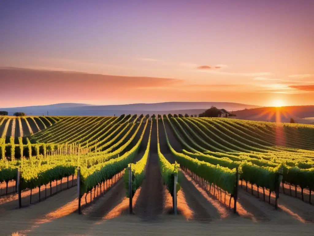 Impacto TMEC en mercado vino México: viñedo sereno al atardecer, con filas ordenadas de uvas y sombras largas bajo cielo anaranjado y púrpura