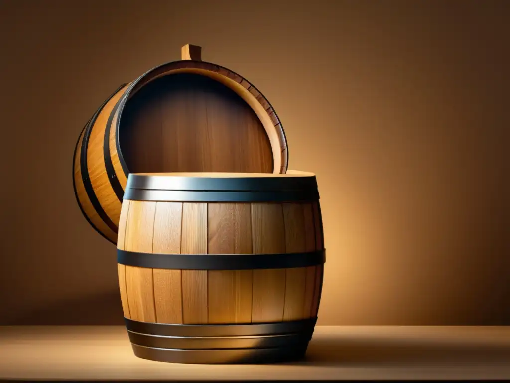 Barril de roble para vino Importancia barrica vinos: barrica de roble, patrón grano, textura suave, curvatura elegante, color dorado, tradición y artesanía