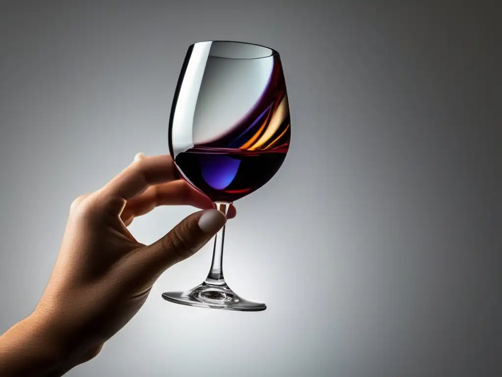 Importancia de los catadores en el mundo del vino: copa de vino cristalina con movimiento y colores vibrantes