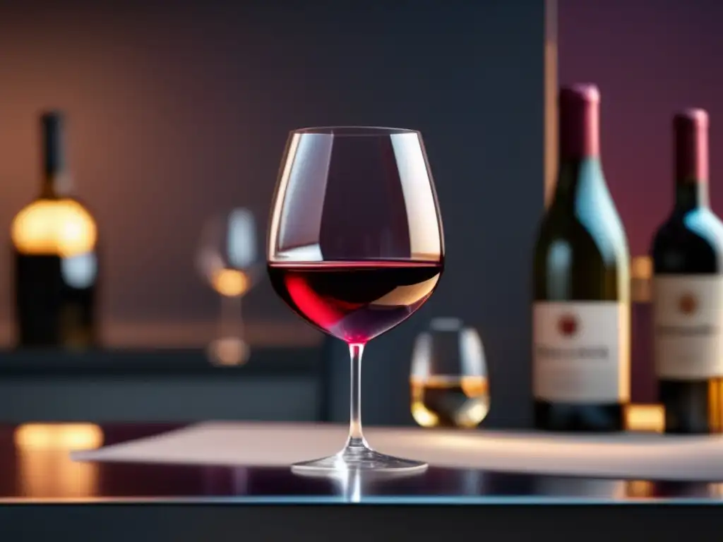 Importancia clasificación 1855 vino: imagen 8k ultradetallada de copa de vino rojo en mesa contemporánea iluminada, reflejos y detalles