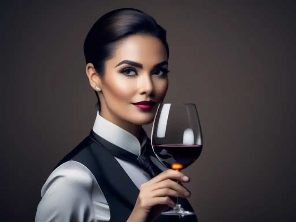 Importancia del sommelier en la cultura vinícola: imagen minimalista de un sommelier con copa de vino, expresión serena y uniforme elegante