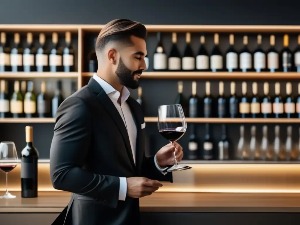 Importancia industria vitivinícola: Sommelier elegante examina vinos en moderno bar