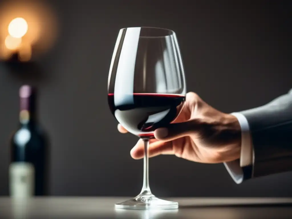 Importancia de los sommeliers en la crítica de vinos - Mano de sommelier sostiene copa de vino, resaltando detalles y expertise