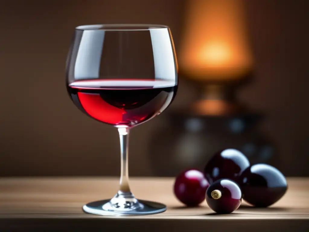 Importancia de sommeliers en crítica de vinos: copa elegante con vino rojo reflejando detalles