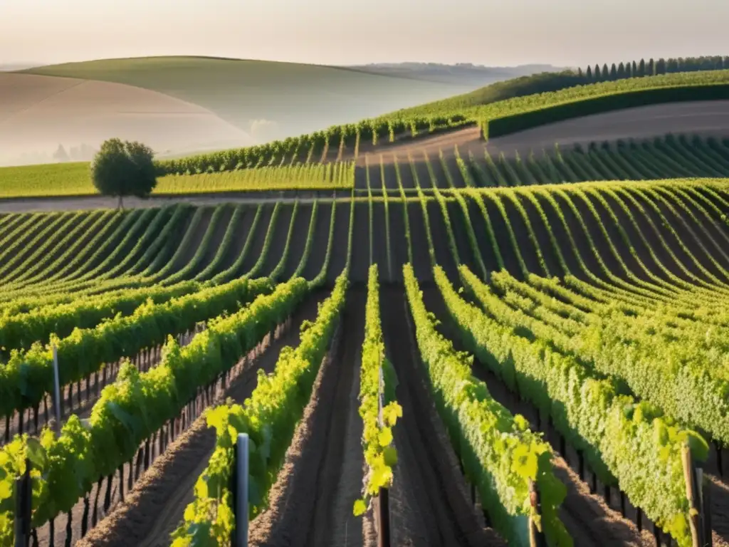 Importancia suelo en vinificación tradicional: viñedo extenso, líneas ordenadas, suelo fértil, raíces entrelazadas, armonía