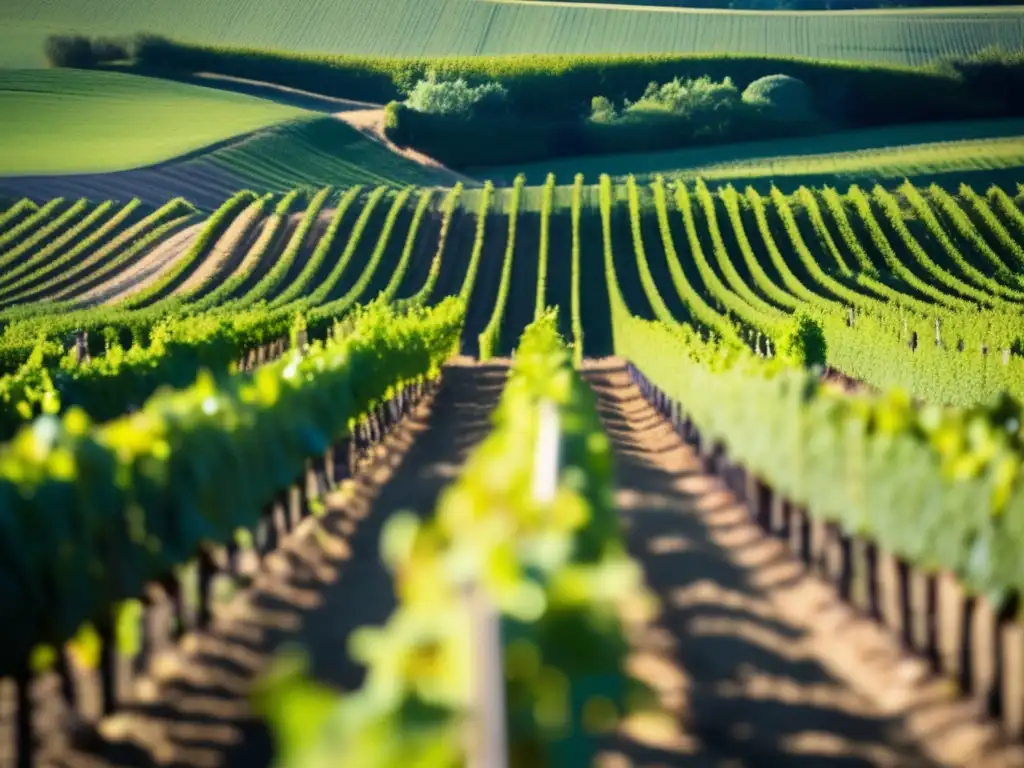 Importancia del suelo en el vino: Viñedo con vides entrelazadas, hojas verdes y suelo detallado