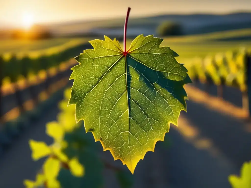 Hoja de vid en viñedo Importancia del terroir en vinos: hoja de vid iluminada por el sol en viñedos