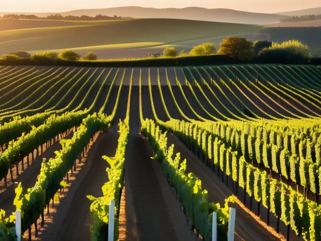 Serenidad del viñedo al atardecer Importancia del terroir en vinos: viñedo sereno al atardecer