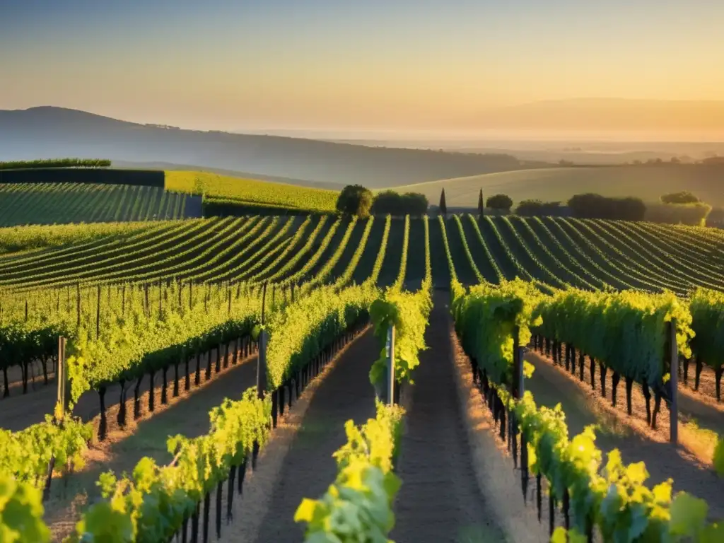 Importancia viticultura precisión: imagen amanecer viñedos, filas uvas verdes, luz dorada, armonía