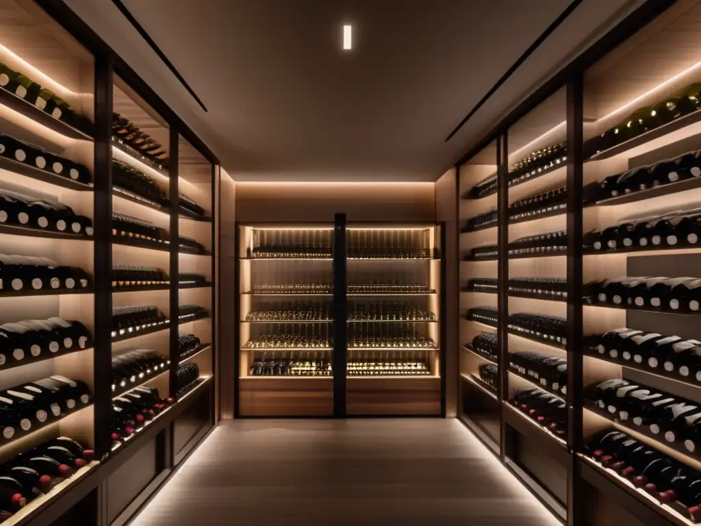 Una impresionante bodega de vinos minimalista en 8k, con paredes de vidrio de piso a techo