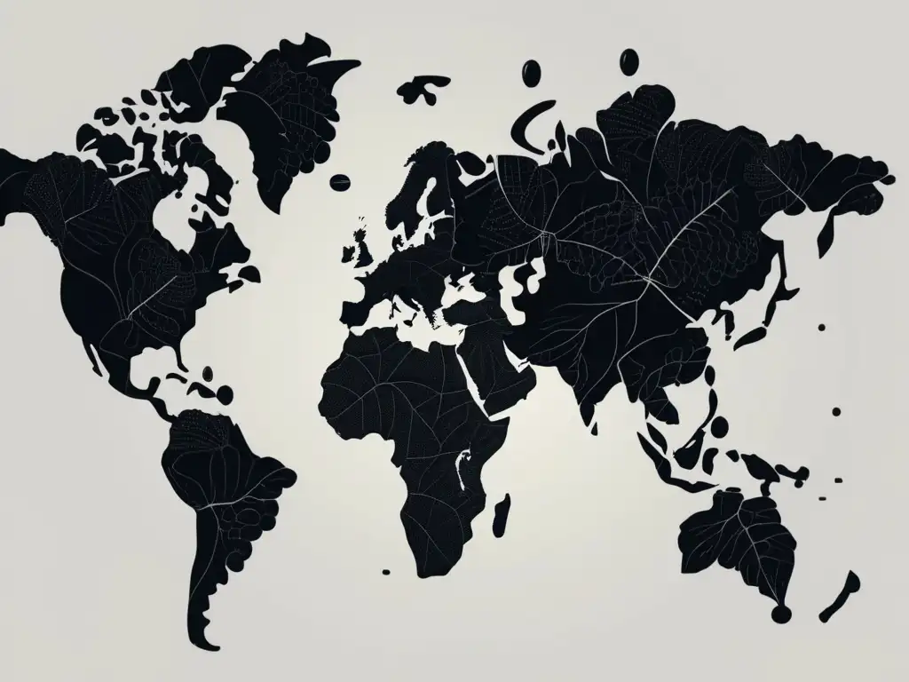 Globalización vino: economía transformó industria - Mapa minimalista en blanco y negro de viñedos interconectados simbolizando el alcance global de la industria del vino