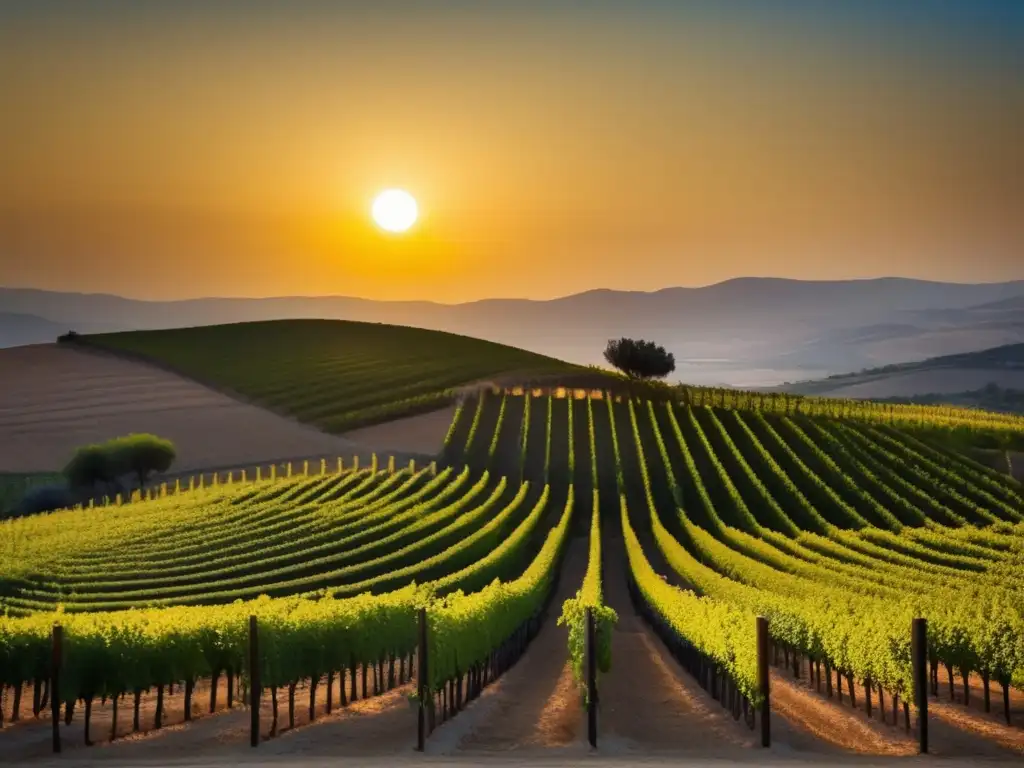 Innovación en la industria vinícola de Israel: paisaje sereno de viñedos al atardecer