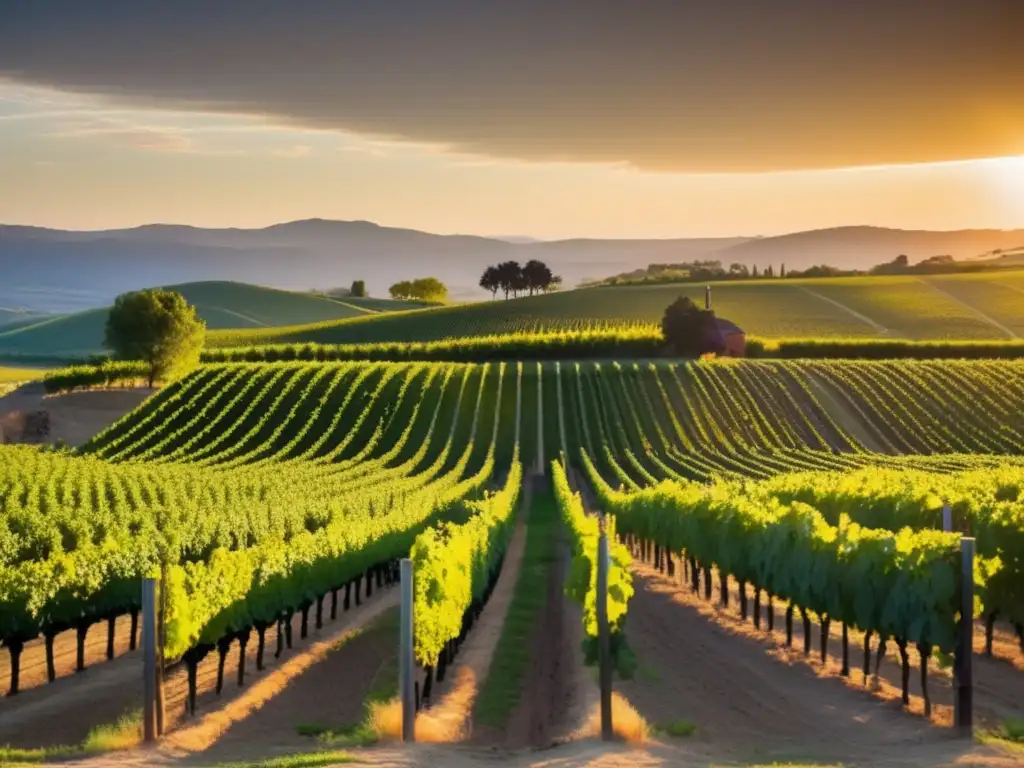 Adaptación de la industria del vino en tiempos de crisis: Viñedo minimalista al atardecer, con filas ordenadas de viñas y uvas maduras