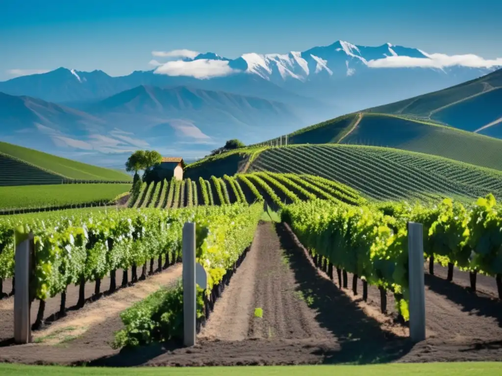 Influencia altitud vino Sudamérica: viñedo montaña, uvas verdes, picos nevados, elegancia artículo