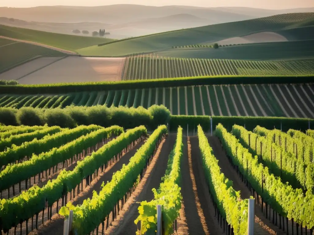 Influencia árabe en viticultura: paisaje sereno con viñas adornadas con caligrafía árabe, armonía cultural y artística