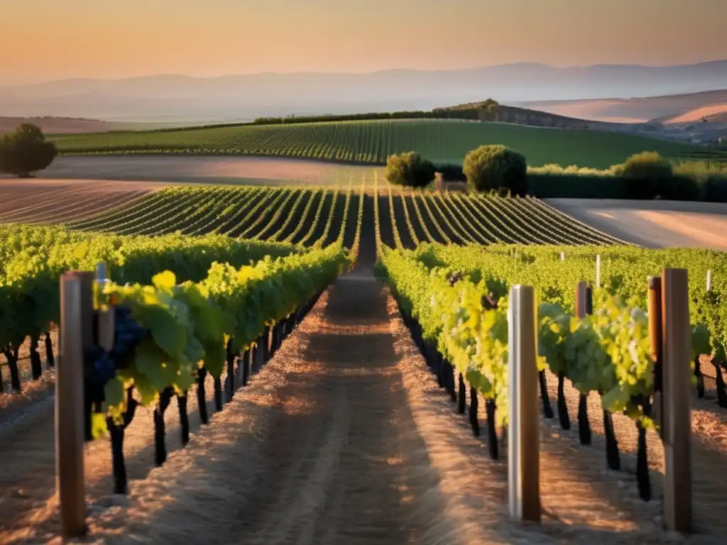 Influencia árabe en viticultura: paisaje sereno de viñedos al atardecer, reflejando la rica herencia histórica de la viticultura