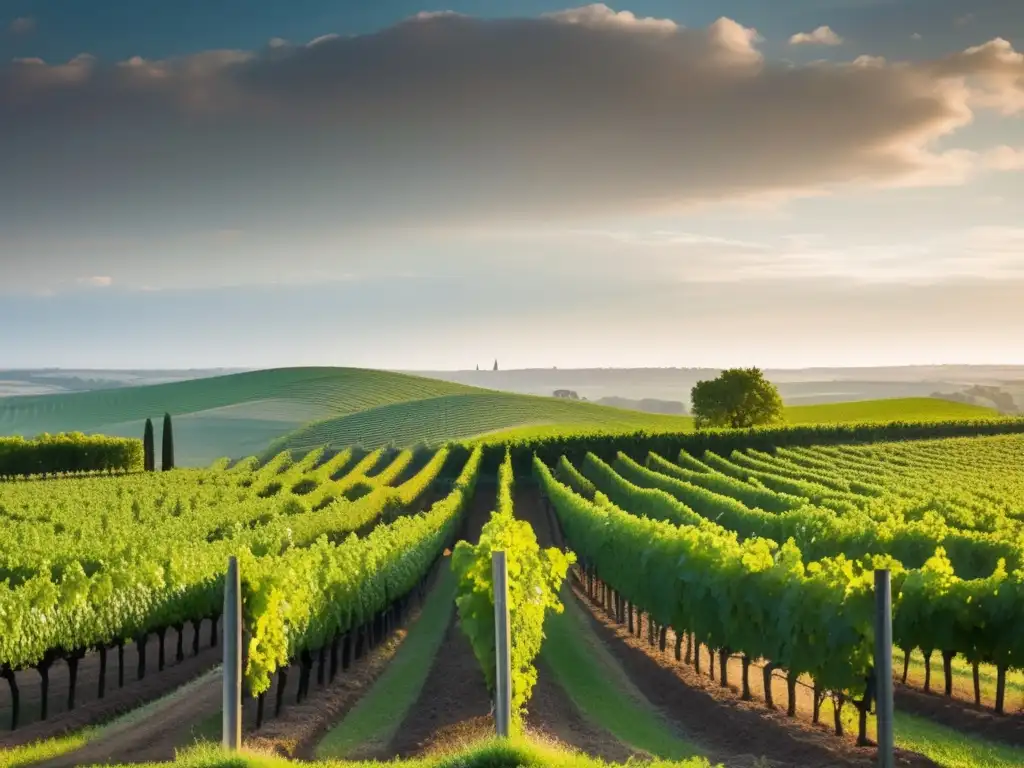 Influencia de Burdeos y Borgoña en los vinos franceses: Paisaje de viñedos en la región de Bordeaux, con vides verdes y suelo fértil