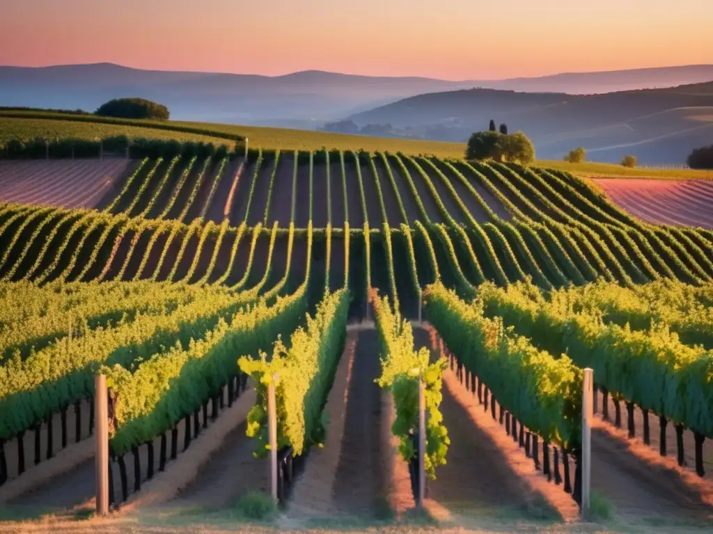 Influencia de maceración carbónica en vinos: paisaje minimalista de viñedo al atardecer, con tonos cálidos y detalles precisos de las vides