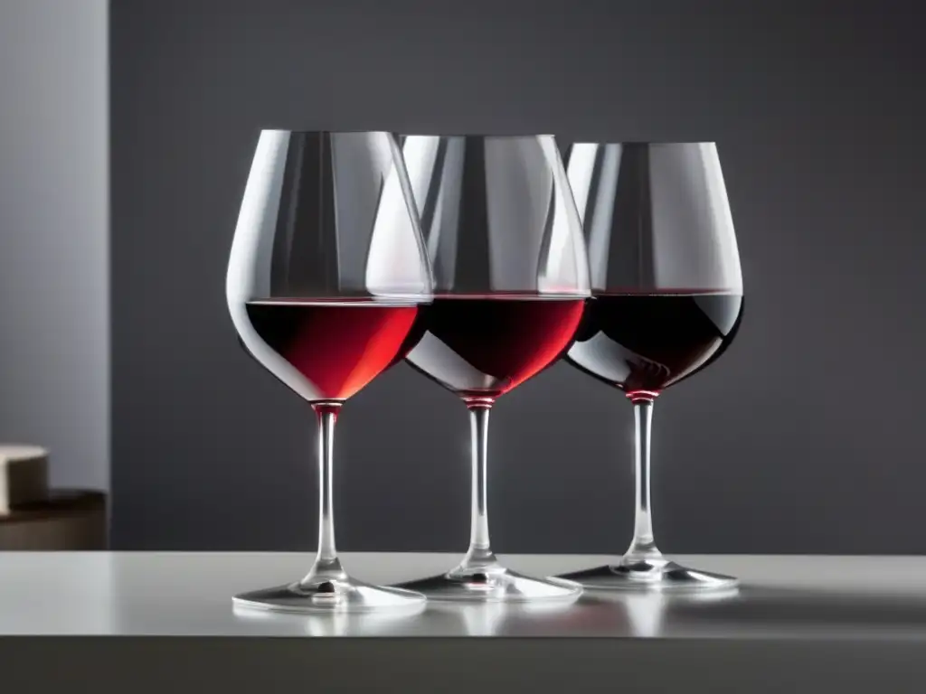 Influencia de catadores en tendencias vinícolas: tres copas de vino con diferentes tonos rojos, minimalistas y elegantes