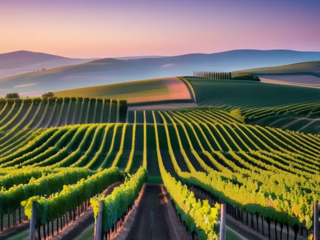 Influencia clima en vinificación: Paisaje minimalista de viñedos al atardecer, 8k ultradetallado