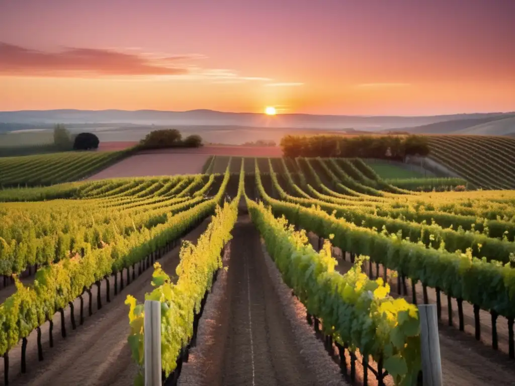 Influencia del clima en vinificación en un paisaje minimalista de viñedos al atardecer