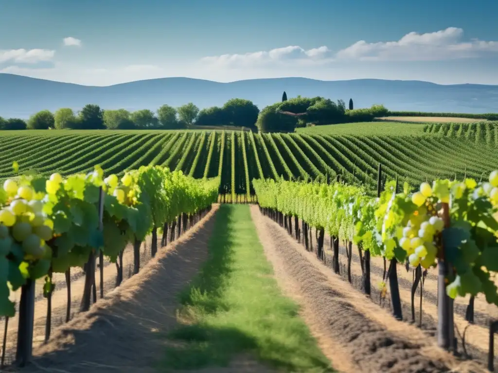 Influencia clima en vinificación: Viñedo minimalista con filas de vides alineadas, hojas verdes vibrantes y racimos de uvas colgando