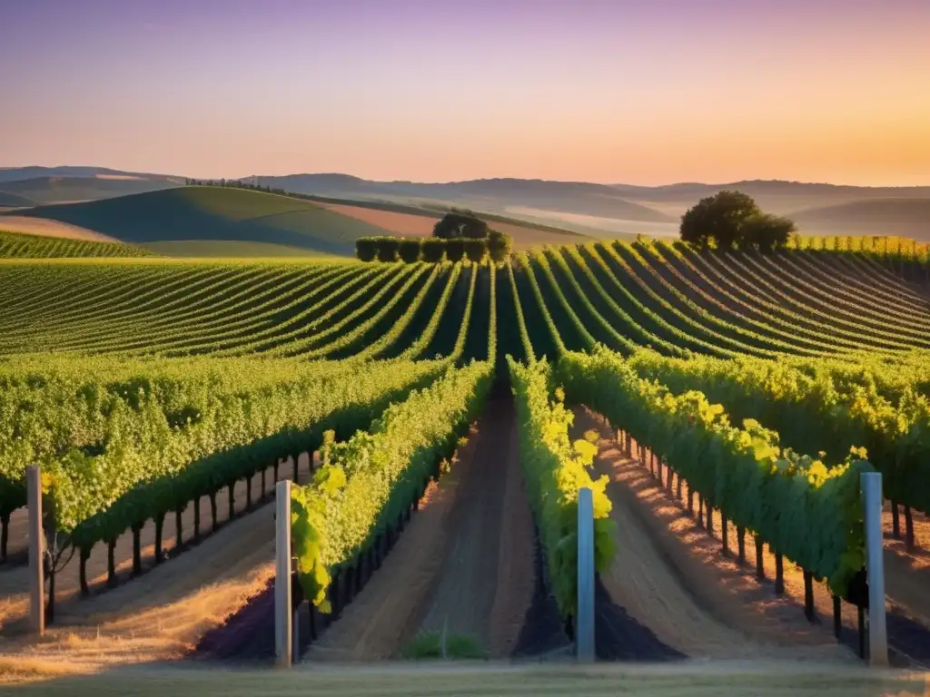 Influencia clima vinos europeos: Viñedo sereno al atardecer, con filas ordenadas de viñas bañadas por una cálida luz dorada