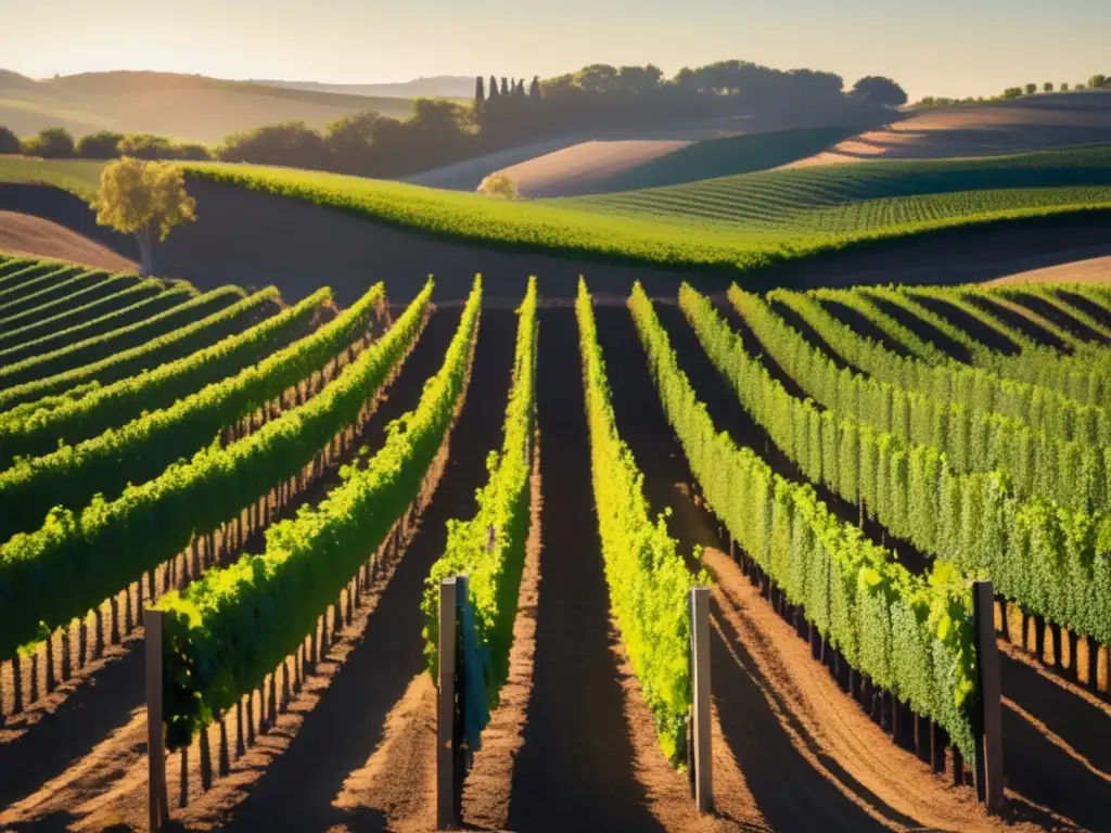 Influencia conflictos mundiales en industria vinícola: viñedo con filas de uvas, hojas verdes, tierra marrón, luz dorada, simplicidad y belleza