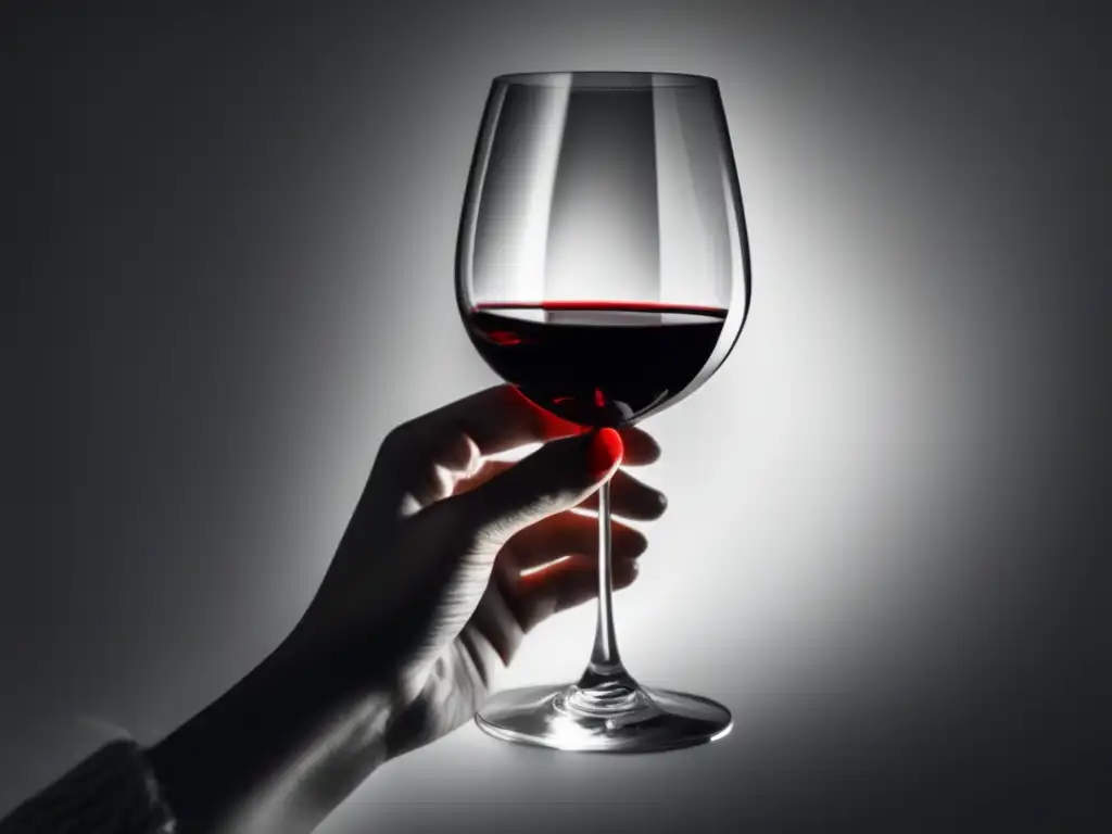 Influencia femenina en clasificación de vinos: manos delicadas sostienen una copa de vino con sombras y luces