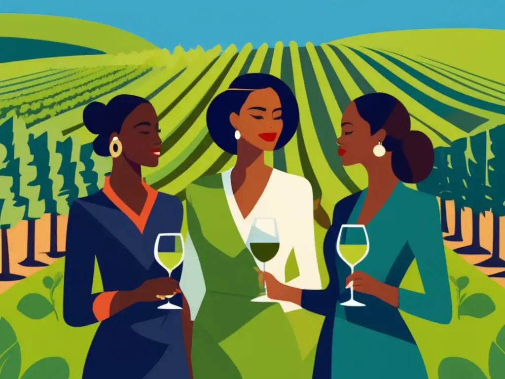 Influencia femenina en clasificación vinos: mujeres elegantes en viñedos, pasión y conocimiento en discusión