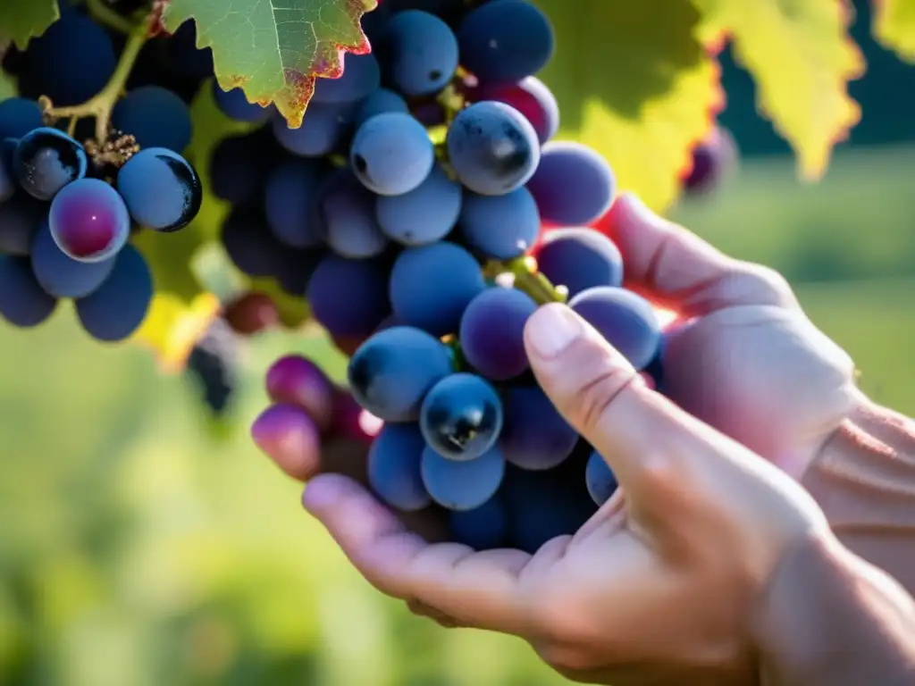 Influencia francesa en vinos de Quebec, cosecha manual de uvas en viñedo, manos delicadas seleccionando racimos