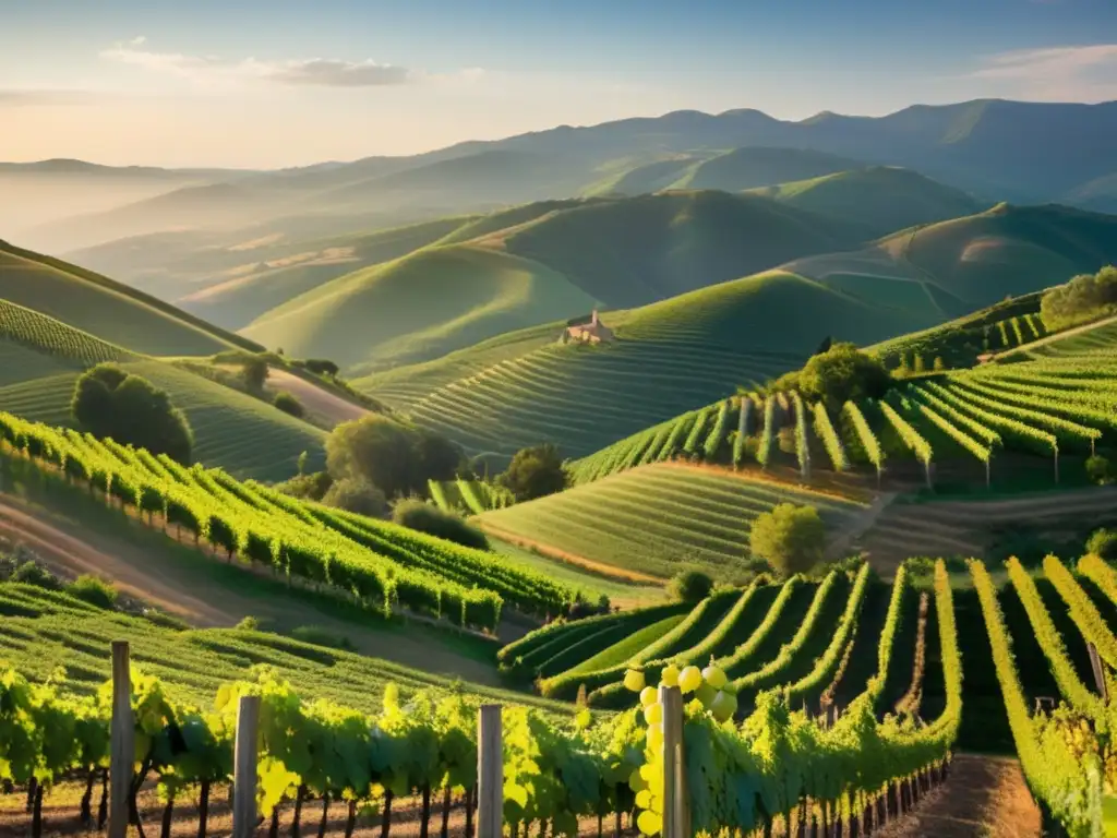 Influencia geográfica en vinos: impresionante imagen de viñedos verdes y montañas neblinosas en un paisaje idílico