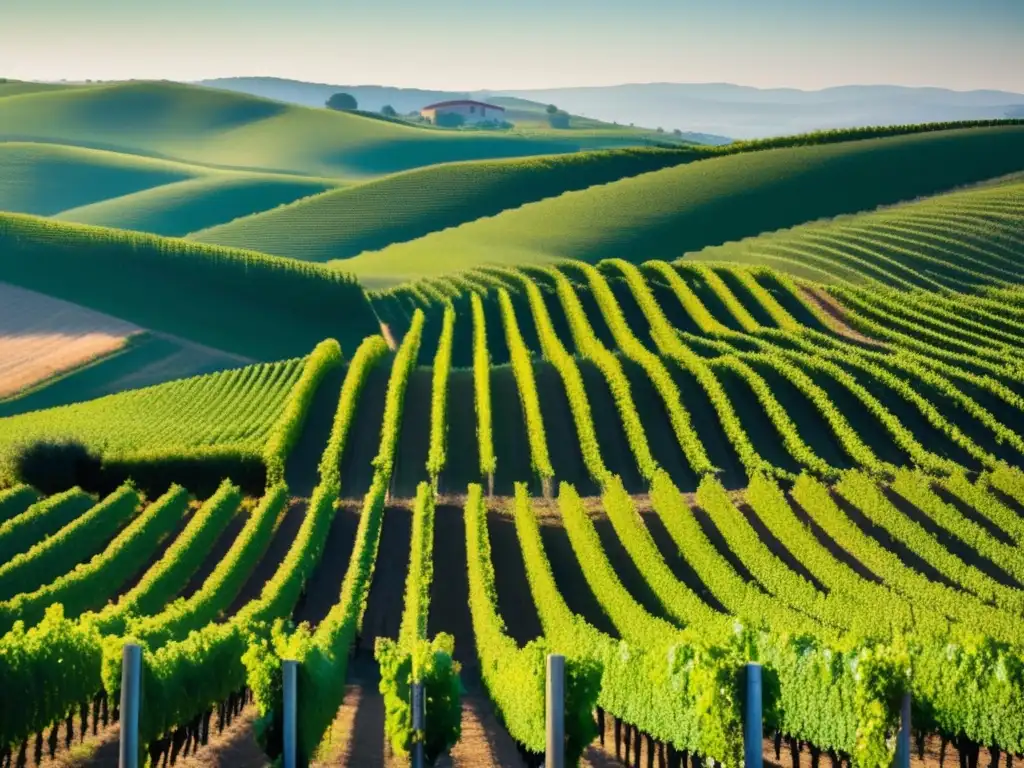 Influencia geográfica en vinos: Paisaje minimalista de un viñedo en colinas con filas de vides verdes creando un patrón hipnotizante