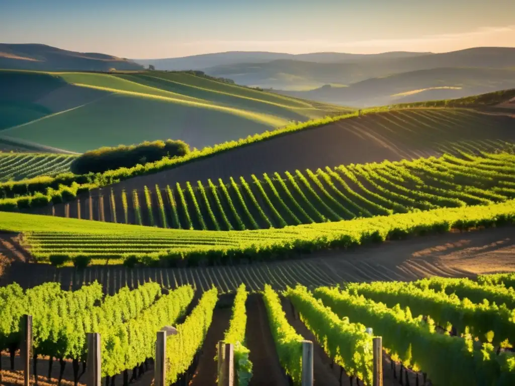 Influencia geográfica en vinos: viñedo en valle pintoresco, organizado y sereno, con viñas verdes y suelo oscuro