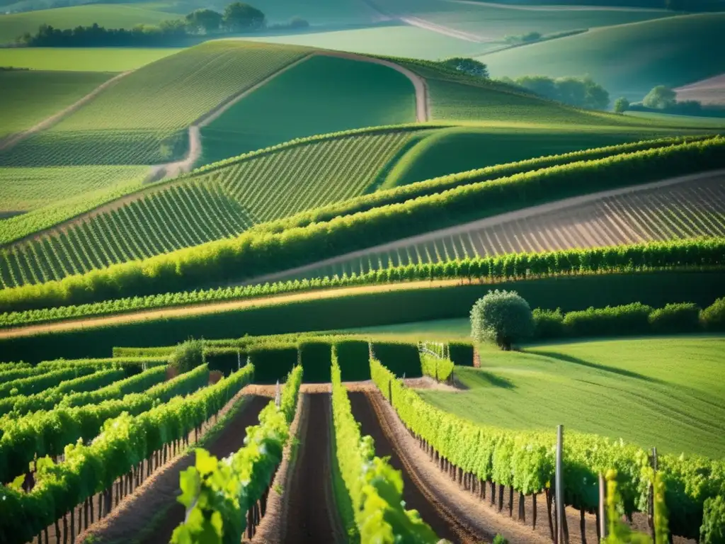 Influencia geográfica en vinos: Viñedo sereno en colinas de Borgoña, Francia