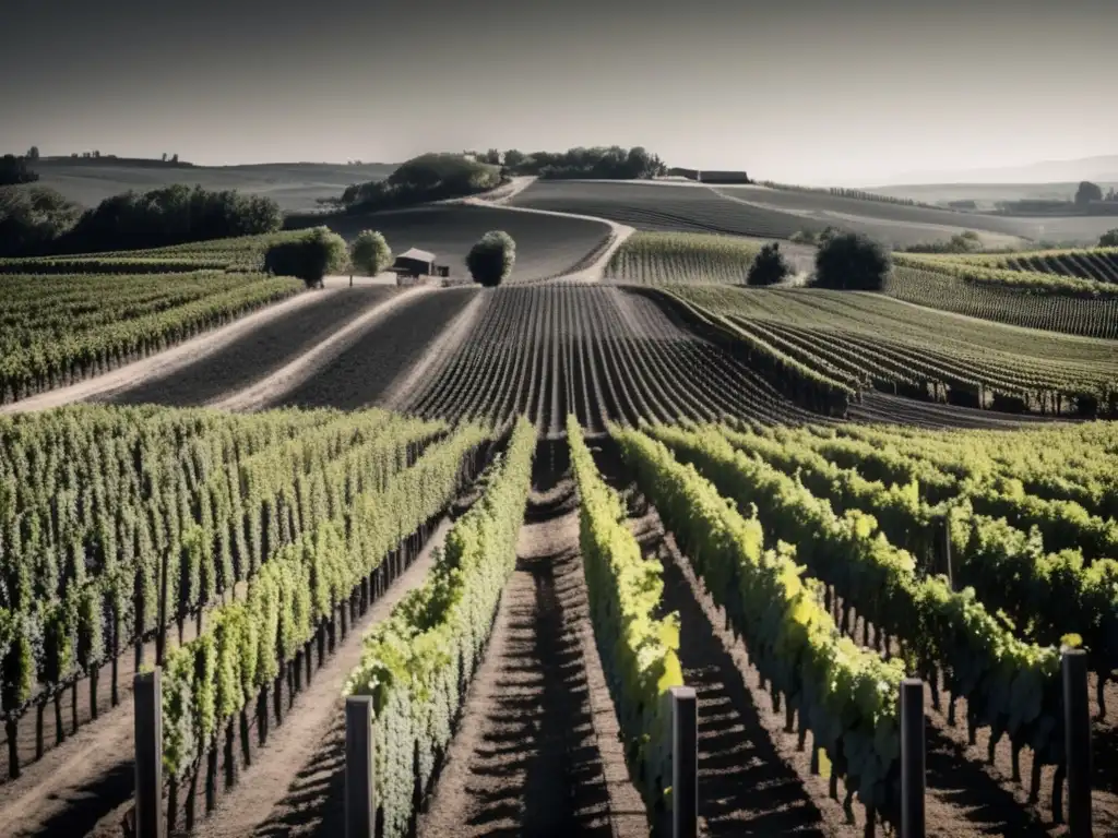 Influencia de la guerra en la industria vinícola: viñedo con viñas marchitas y avión de guerra en el fondo