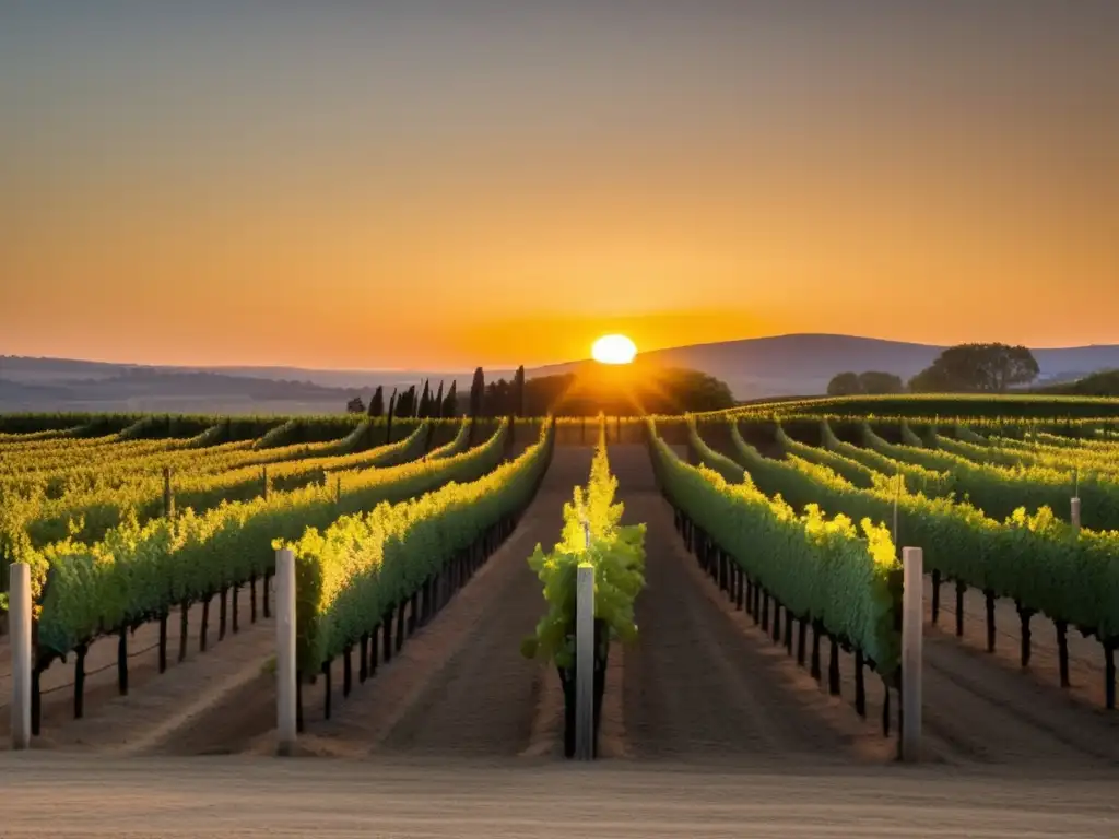 Influencia humana en la vinificación: Viñedo minimalista al atardecer, resaltando la armonía entre la tierra y las uvas