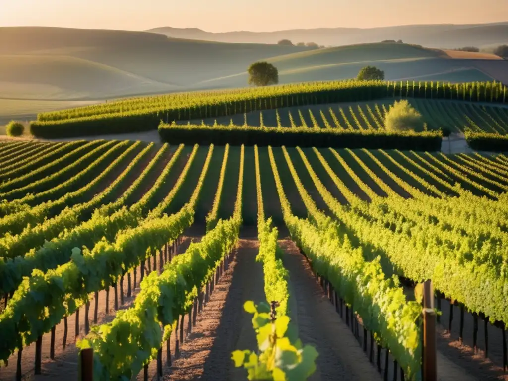 Influencia humana en la vinificación: viñedo minimalista al atardecer