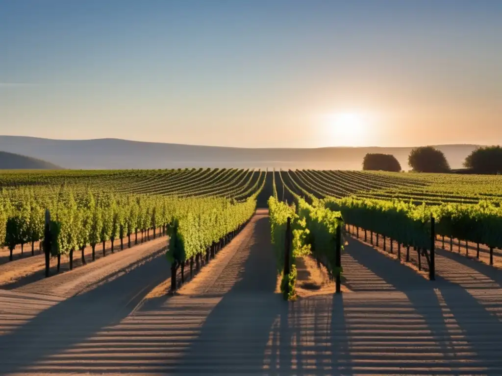 Influencia humana en la vinificación: viñedo minimalista al amanecer con filas de vides alineadas y sombras largas