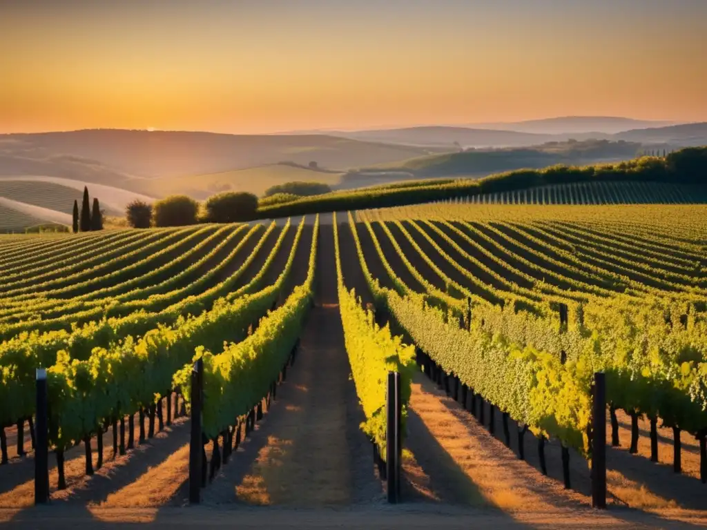 Influencia humana en la vinificación: viñedo sereno y preciso al atardecer