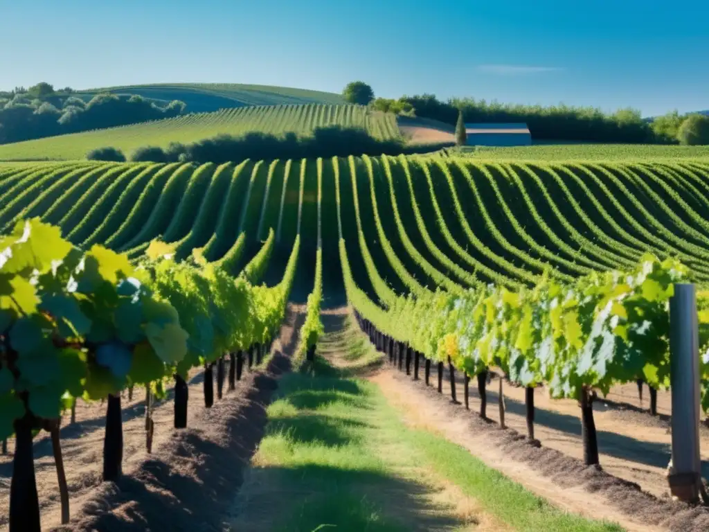 Influencia humana en la vinificación: proceso natural de cosecha de uvas en un viñedo sereno bajo un cielo azul