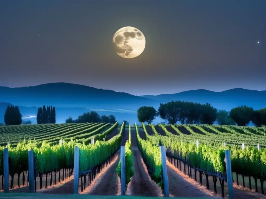 Influencia Luna en vinos biodinámicos: Noche tranquila en viñedo bajo suave luz lunar