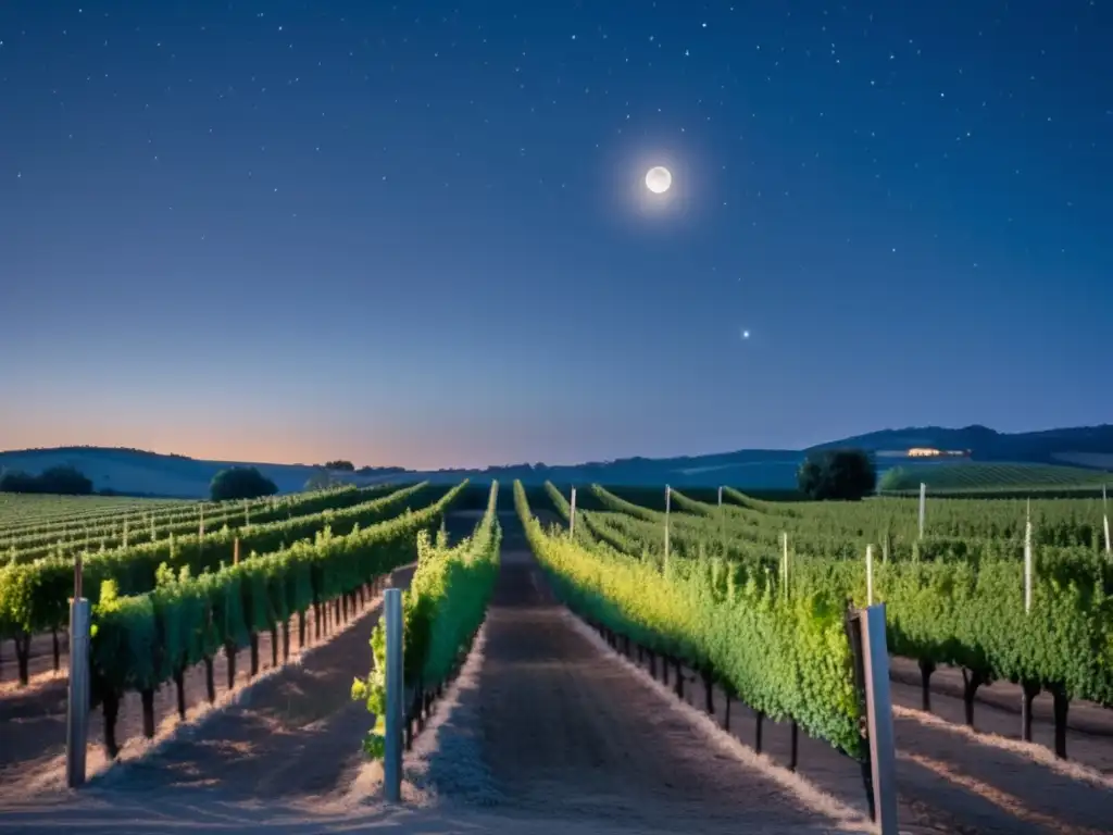 Influencia Luna en vinos biodinámicos, viñedo bajo cielo estrellado, con luna llena brillante, resalta belleza natural y paz