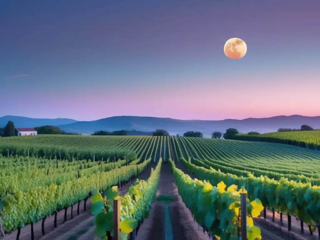 Influencia Luna en vinos biodinámicos: Serena viña al atardecer, con vides exuberantes y un viticultor dedicado