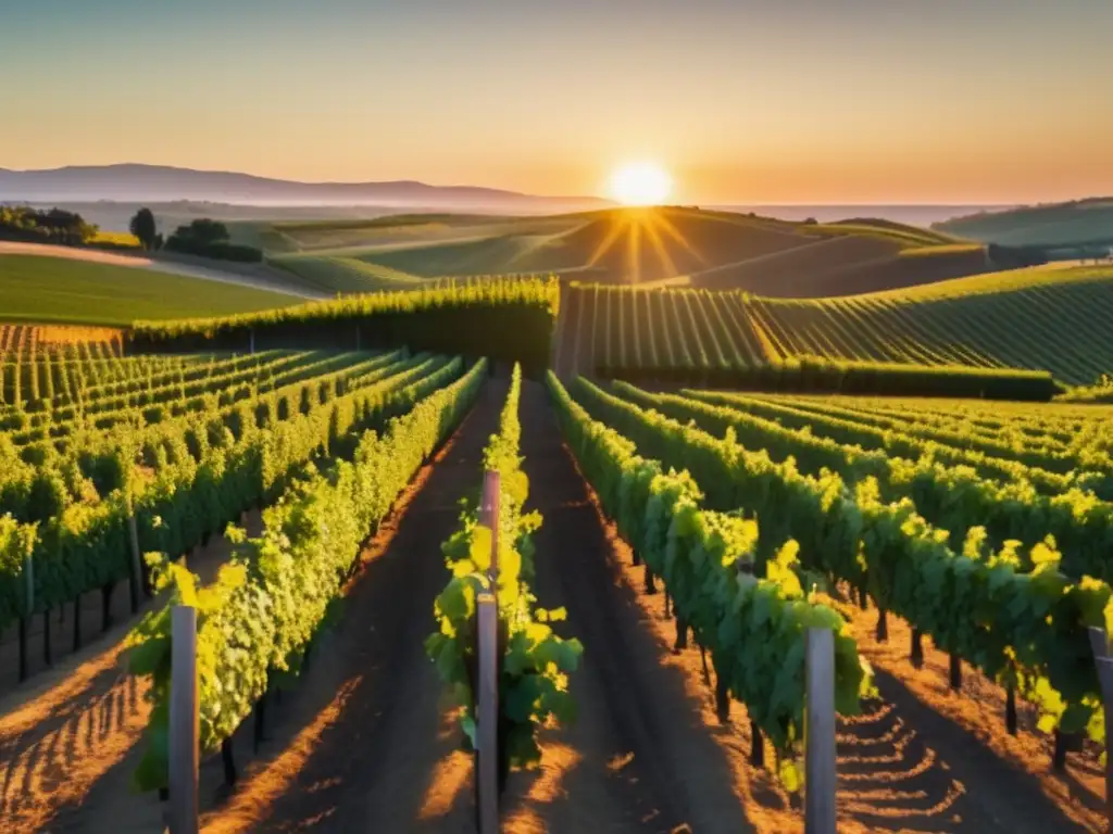 Influencia maceración carbónica en vinos - Viñedo al atardecer, con filas ordenadas de vides verdes y sombras doradas