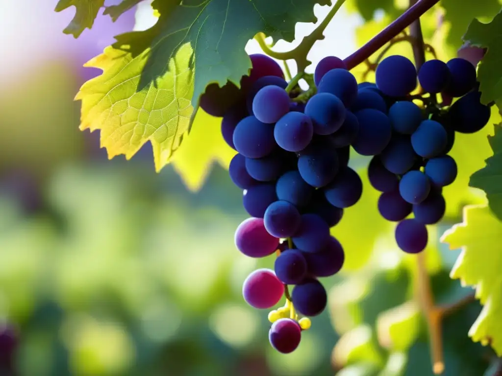 Influencia maceración carbónica en vinos: uva verde, hojas vibrantes, racimos morados, belleza y elegancia